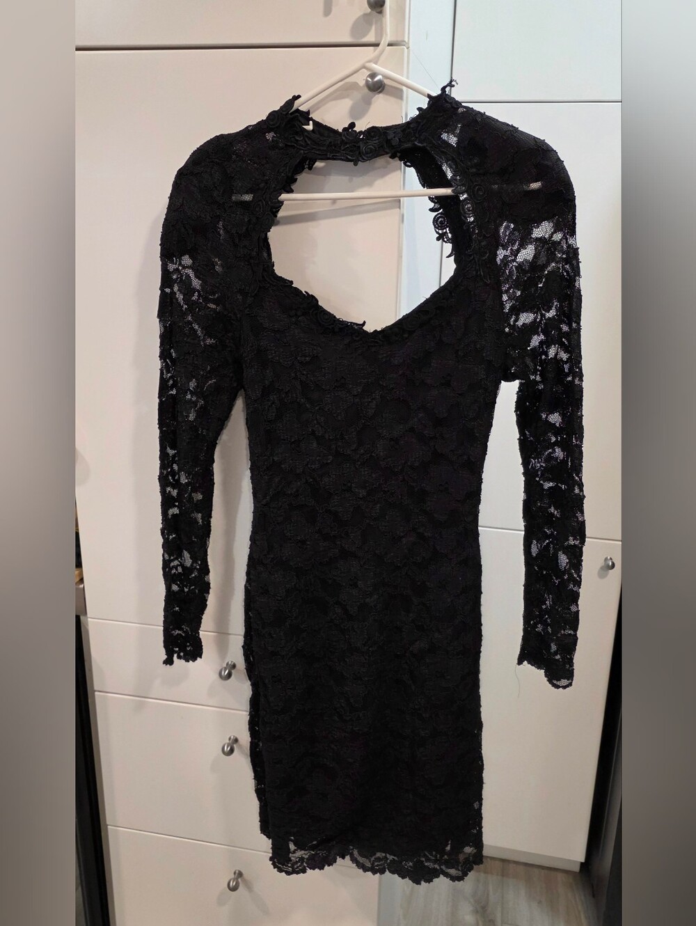Vintage 90s Betsy & Adam Black Lace Open Back Mock Neck Mini Dress 12, Zippered